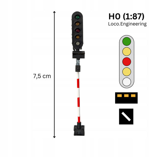 Semafor 5-komorowy H0 z pasem świetlnym koloru pomarańczowego i wskaźnikiem W24 z krótkim daszkiem