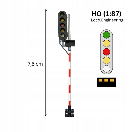 Semafor 5-komorowy H0 lewy z pasem świetlnym koloru pomarańczowego z krótkim daszkiem