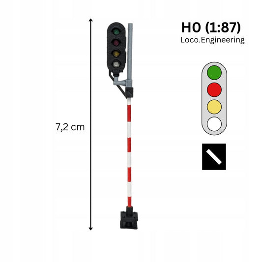 Semafor 4-komorowy H0 lewy ze wskaźnikiem W24 zielony, czerwony, pomarańczowy, biały z krótkim daszkiem