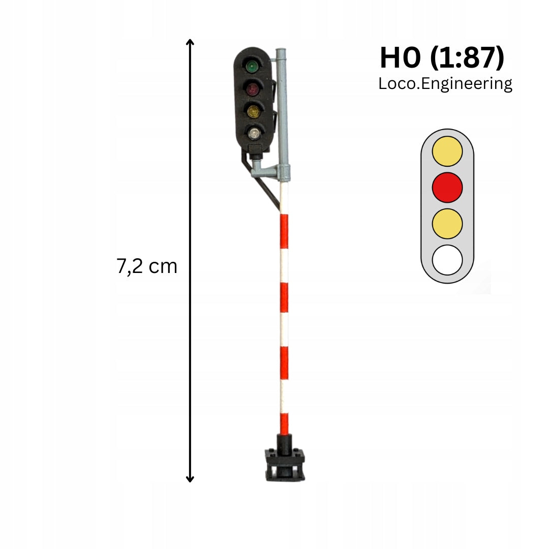 Semafor 4-komorowy H0 lewy pomarańczowy, czerwony, pomarańczowy, biały z krótkim daszkiem