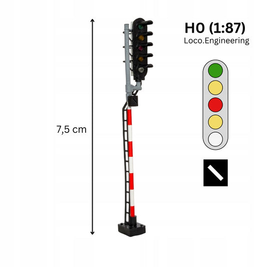 Semafor 5-komorowy H0 prawy ze wskaźnikiem W24 z długim daszkiem