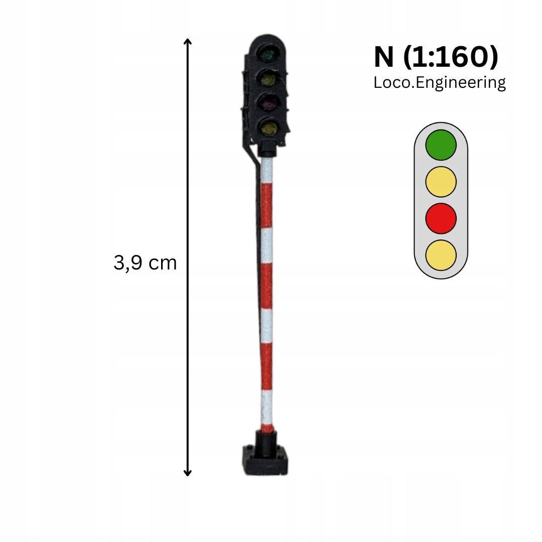 Semafor 4-komorowy skala N zielony, pomarańczowy, czerwony, pomarańczowy z krótkim daszkiem