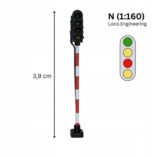 Semafor 4-komorowy skala N zielony, pomarańczowy, czerwony, pomarańczowy z krótkim daszkiem