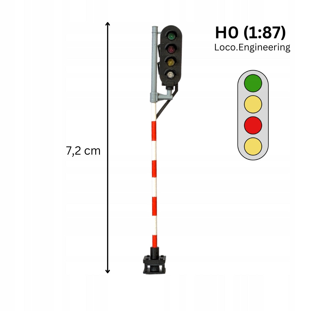 Semafor 4-komorowy H0 prawy zielony, pomarańczowy, czerwony, pomarańczowy z krótkim daszkiem