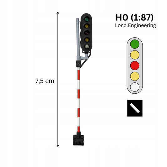 Semafor 5-komorowy H0 prawy ze wskaźnikiem W24 z krótkim daszkiem