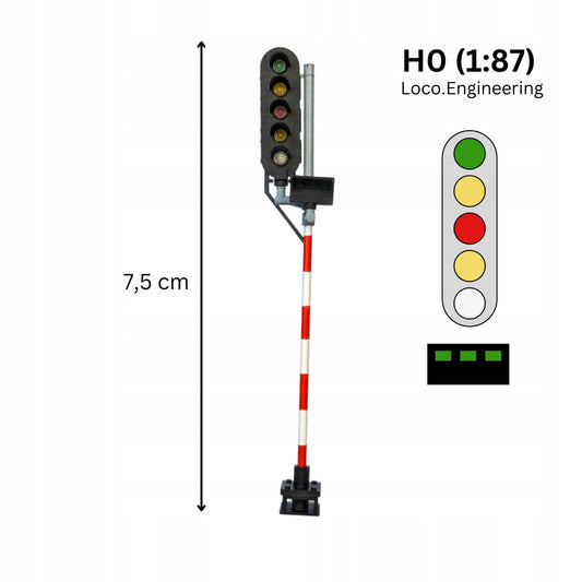 Semafor 5-komorowy H0 lewy z pasem świetlnym koloru pomarańczowego z krótkim daszkiem
