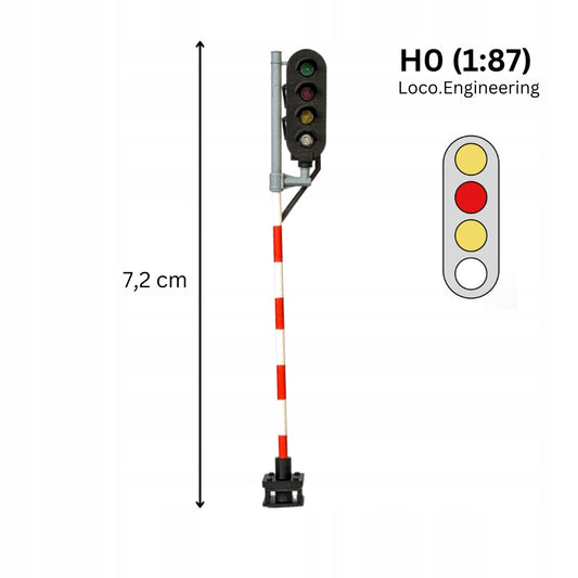 Semafor 4-komorowy H0 prawy pomarańczowy, czerwony, pomarańczowy, biały z krótkim daszkiem