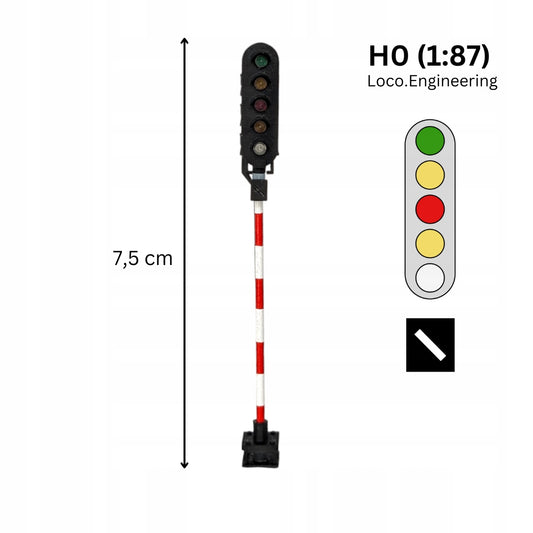 Semafor 5-komorowy H0 ze wskaźnikiem W24 z krótkim daszkiem