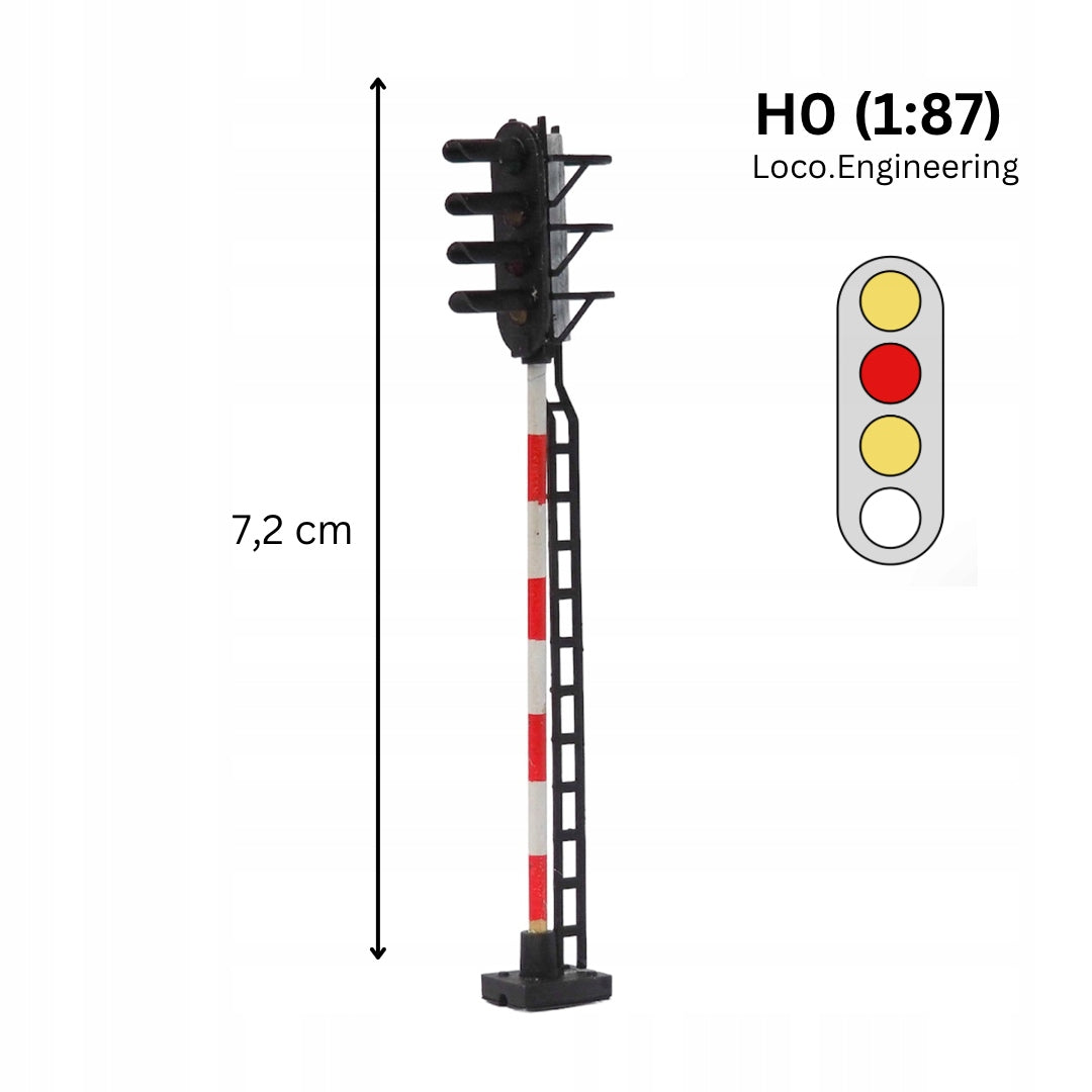 Semafor 4-komorowy H0 pomarańczowy, czerwony, pomarańczowy, biały z długim daszkiem