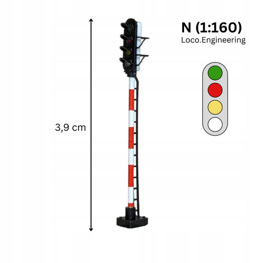Semafor 4-komorowy skala N zielony, czerwony, pomarańczowy, biały. z krótkim daszkiem