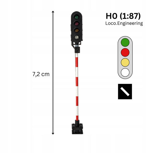 Semafor 4-komorowy H0 ze wskaźnikiem W24 zielony, czerwony, pomarańczowy, biały z krótkim daszkiem
