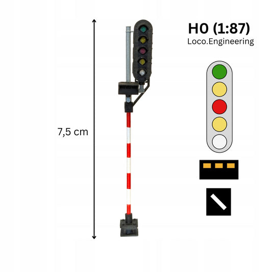 Semafor 5-komorowy H0 prawy z pasem świetlnym koloru pomarańczowego i wskaźnikiem W24 z krótkim daszkiem
