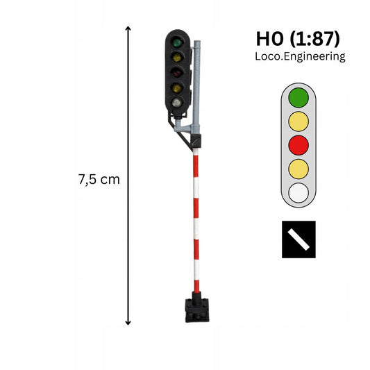 Semafor 5-komorowy H0 lewy ze wskaźnikiem W24 z krótkim daszkiem