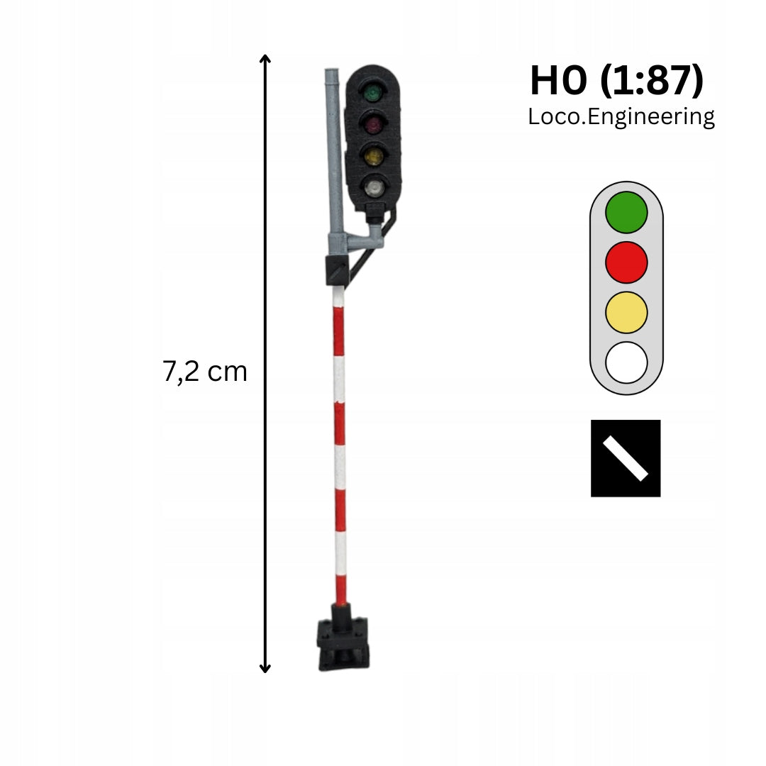 Semafor 4-komorowy H0 prawy ze wskaźnikiem W24 zielony, czerwony, pomarańczowy, biały z krótkim daszkiem