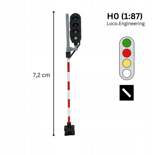 Semafor 4-komorowy H0 prawy ze wskaźnikiem W24 zielony, czerwony, pomarańczowy, biały z krótkim daszkiem