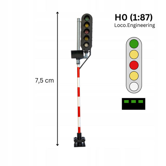 Semafor 5-komorowy H0 prawy z pasem świetlnym koloru zielonego z krótkim daszkiem