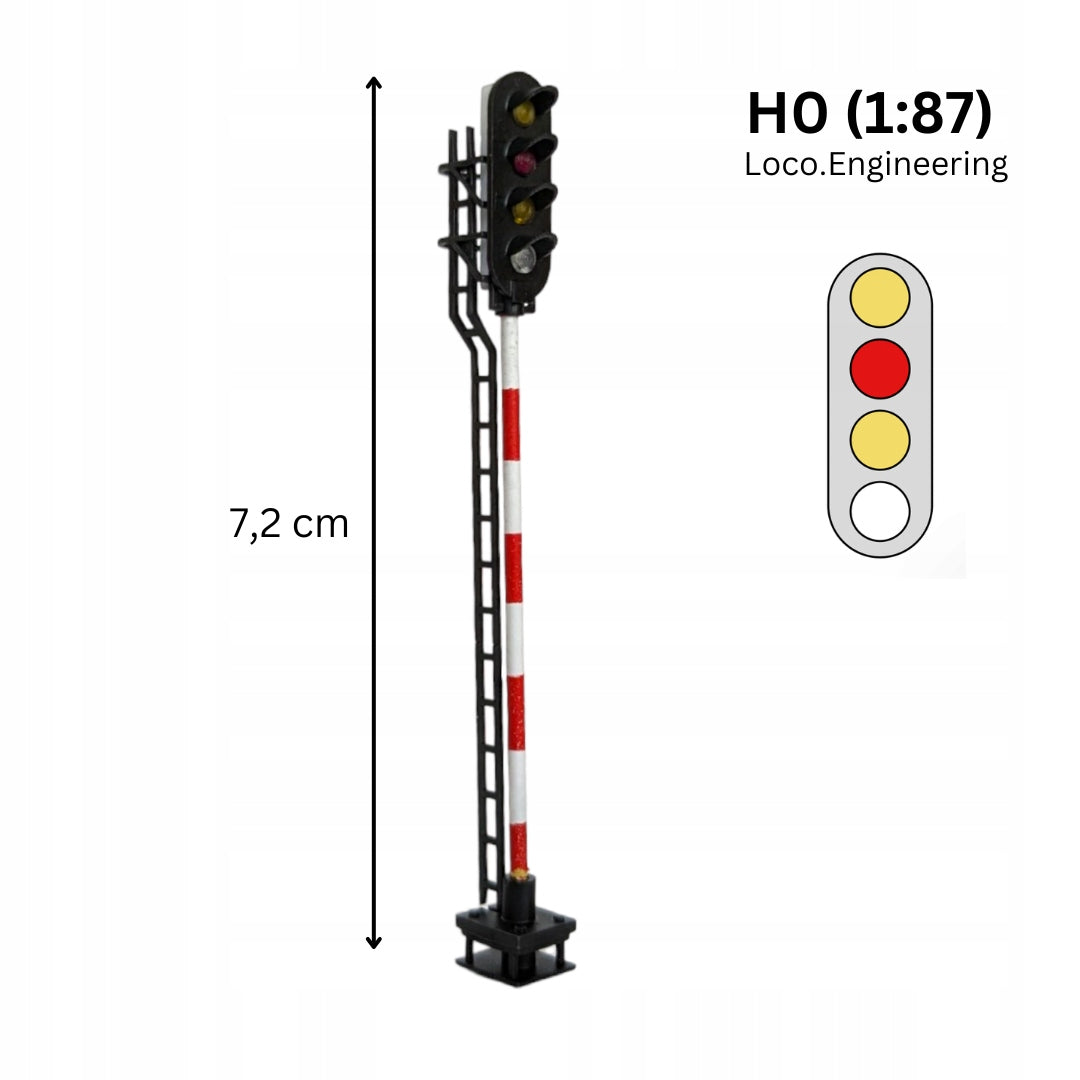 Semafor 4-komorowy H0 pomarańczowy, czerwony, pomarańczowy, biały z krótkim daszkiem