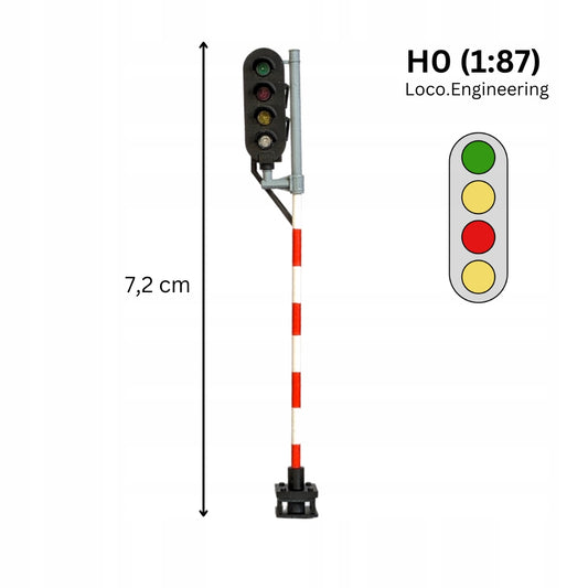 Semafor 4-komorowy H0 lewy zielony, pomarańczowy, czerwony, pomarańczowy z krótkim daszkiem